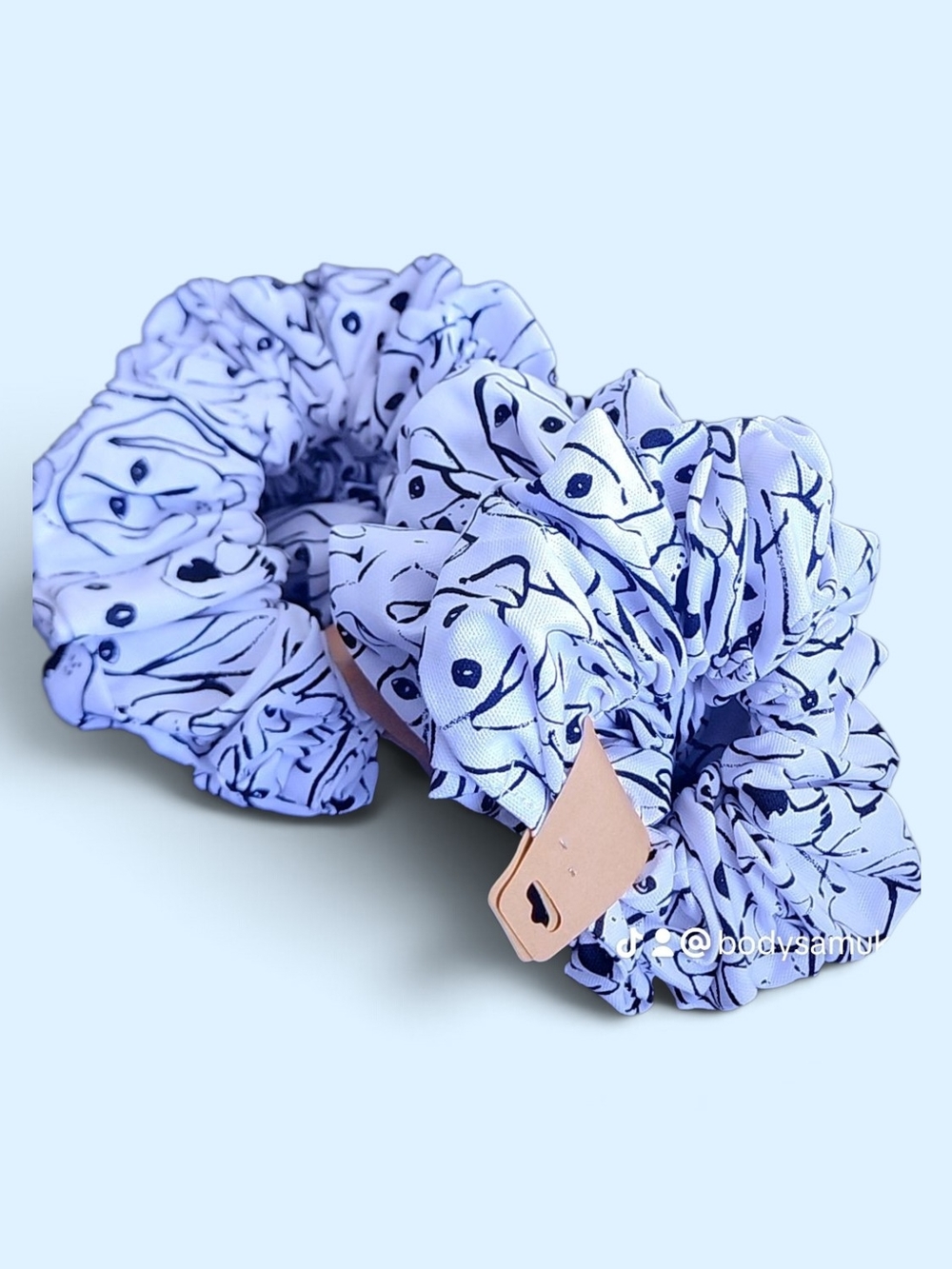 Kids Blue Patterned Hair Scrunchies with Leather Tag